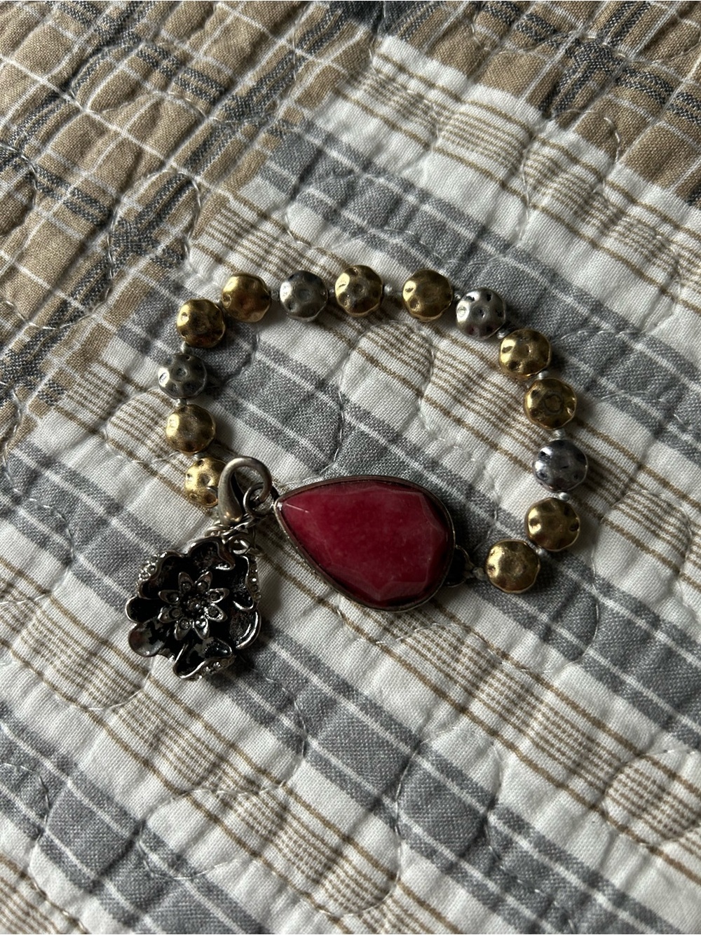 Lucky Brand Gold & Silver Beaded Bracelet with Pink Teardrop Stone